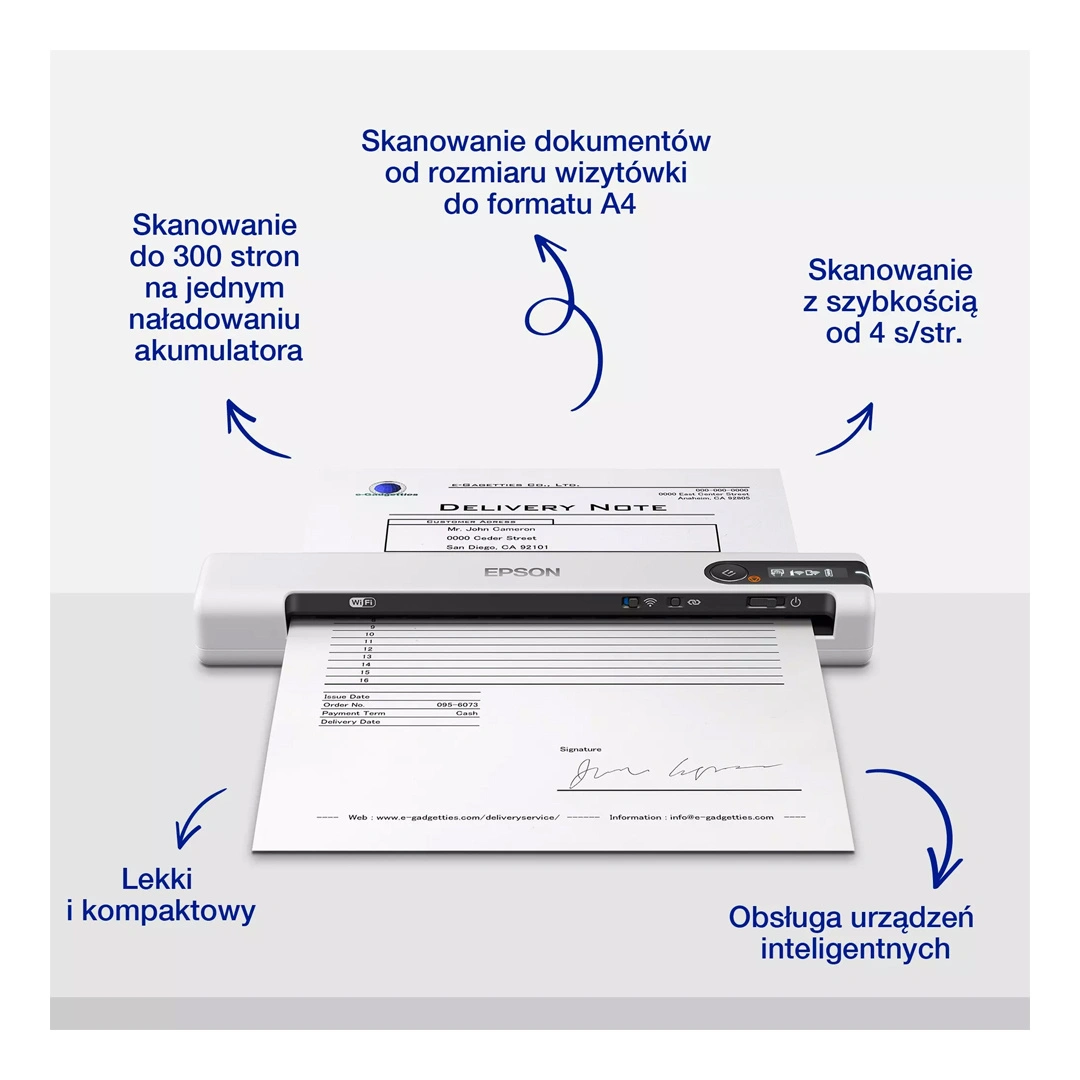 Skaner dokumentów Epson DS-80W / mobilny / 4 s na stronę / Wi-Fi / USB / akumulator